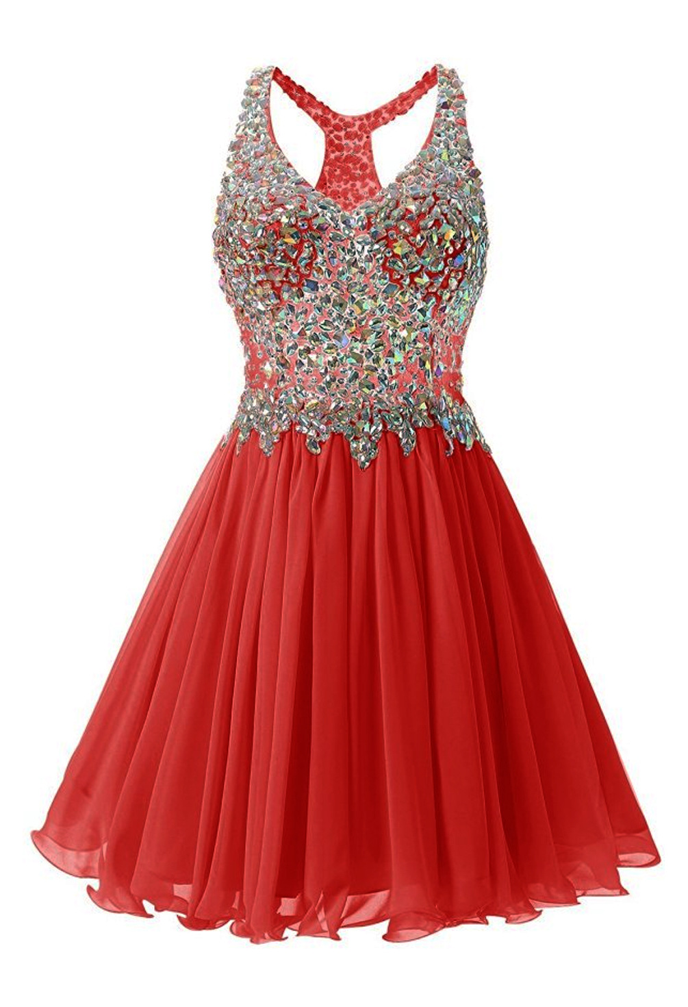 Luxurious V Collar Beads Sleeveless Party Short Dress - Red