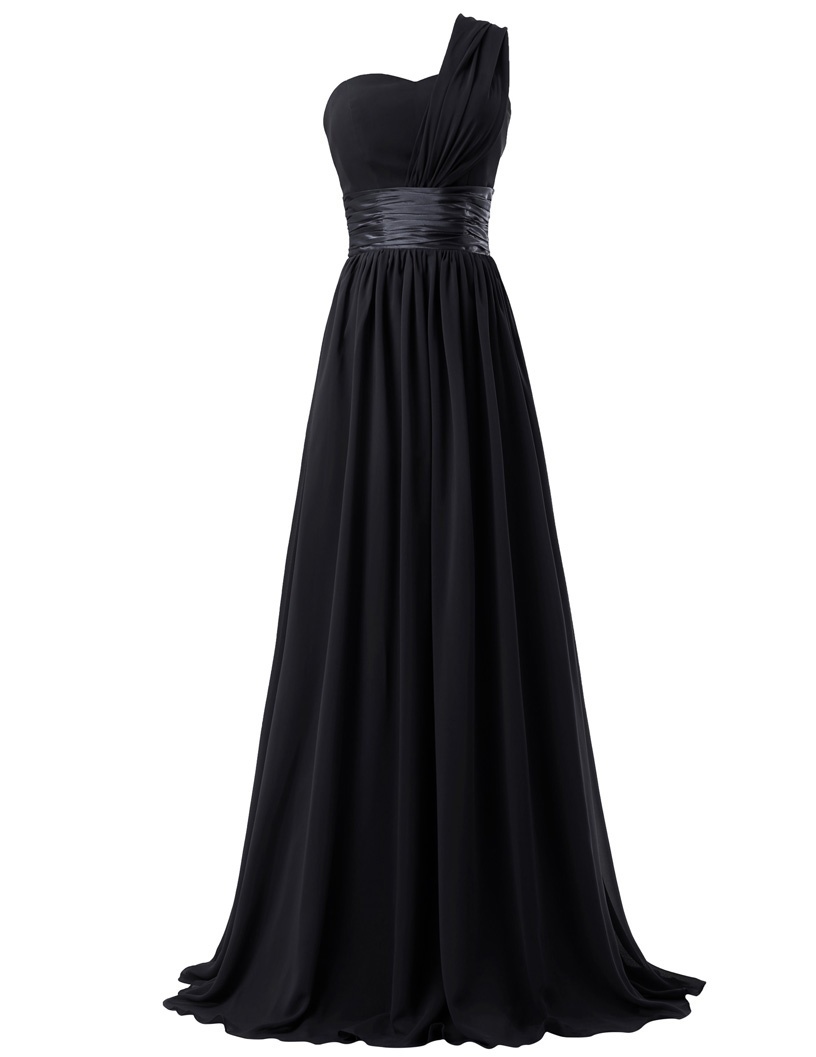 Black Chiffon One-shoulder Sweetheart Floor Length A-line Bridesmaid Dress