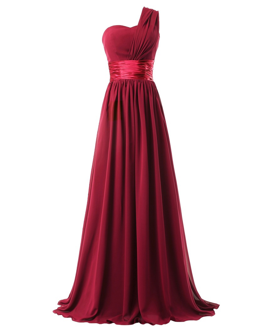 Women Elegant Fashion One Shoulder A Line Chiffon Long Bridesmaid Dress - Wine Red