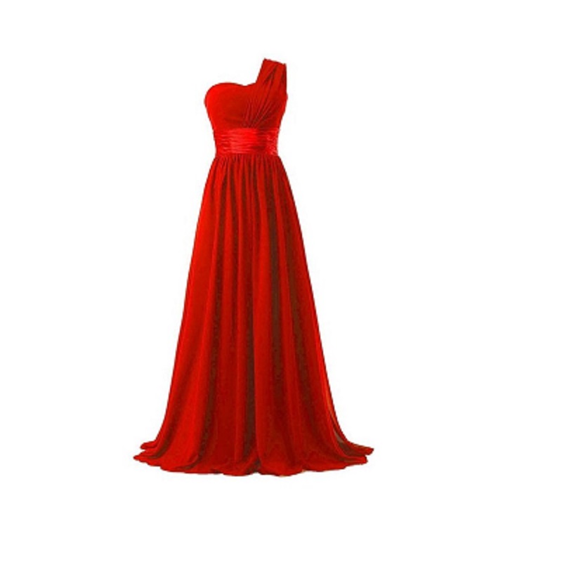 Women Elegant Fashion One Shoulder A Line Chiffon Long Bridesmaid Dress - Red