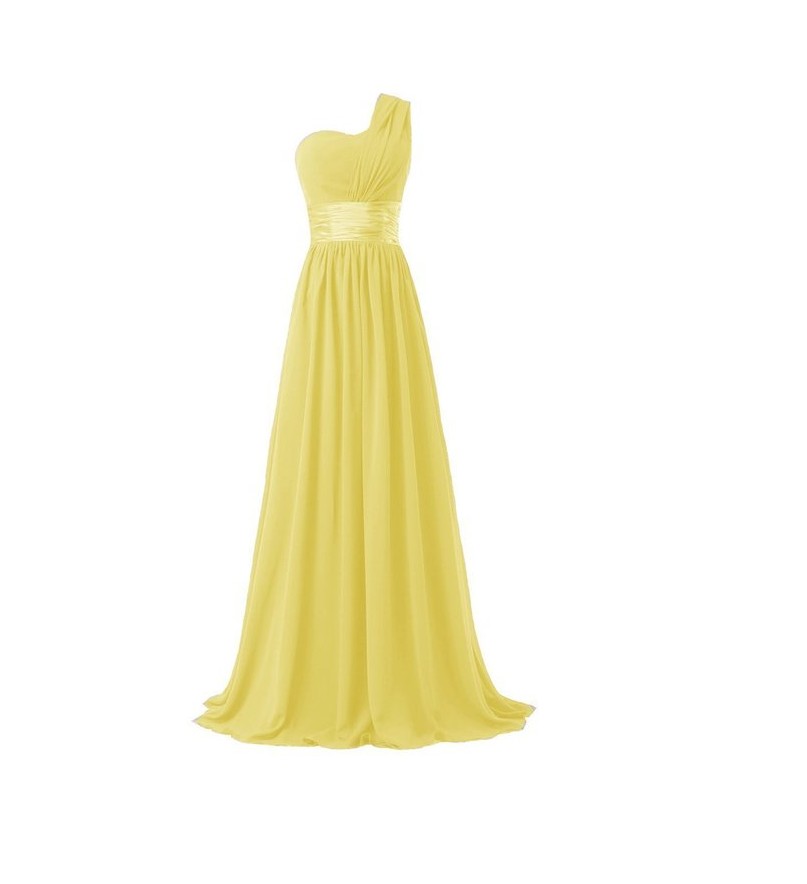 Women Elegant Fashion One Shoulder A Line Chiffon Long Bridesmaid Dress - Yellow