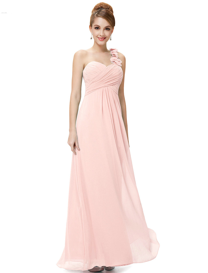 Fashion Women Flower One Shoulder Chiffon Padded Long Bridesmaid Dress - Pink