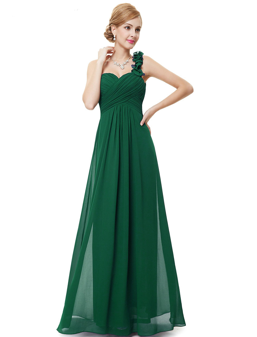 Fashion Women Flower One Shoulder Chiffon Padded Long Bridesmaid Dress - Green