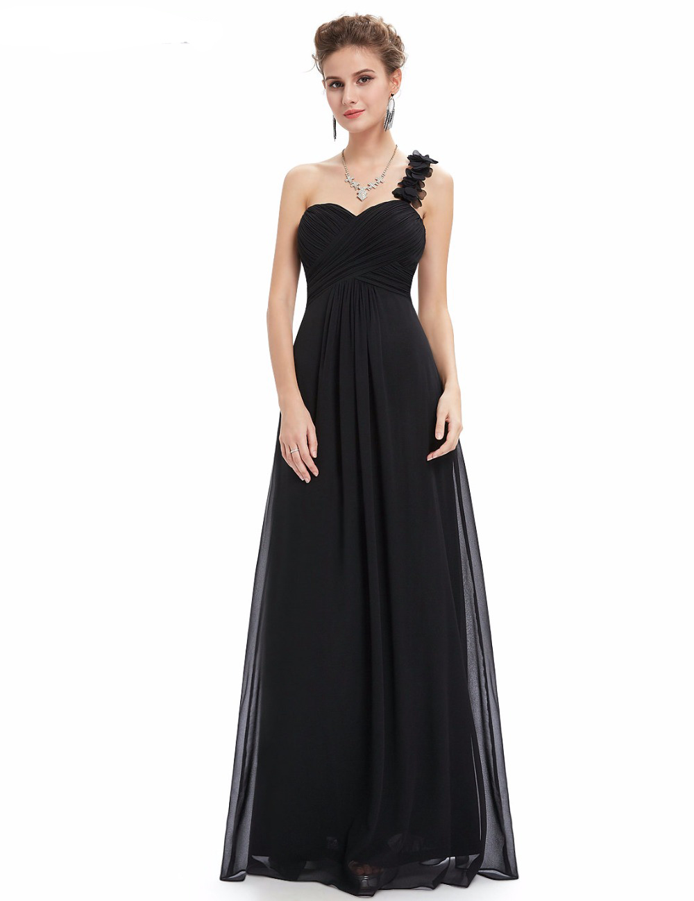 Fashion Women Flower One Shoulder Chiffon Padded Long Bridesmaid Dress - Black