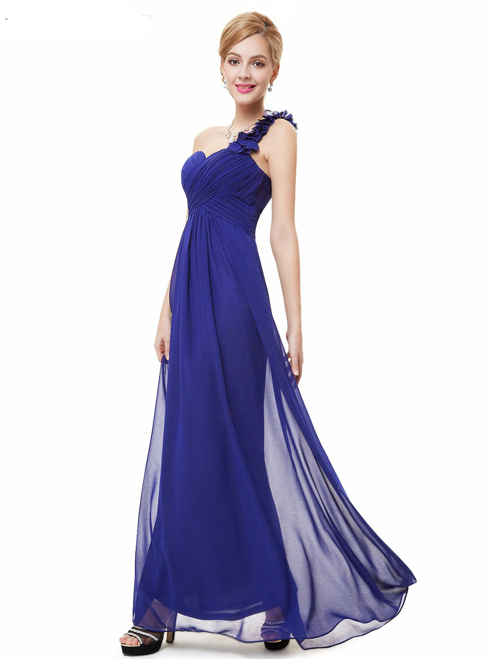 Fashion Women Flower One Shoulder Chiffon Padded Long Bridesmaid Dress - Blue