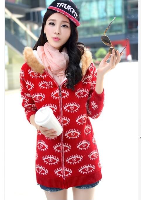 New Winter Women Sweater coat Long Sleeve Hooded Knitted Cardigan Women Sweater Warm Slim - Red