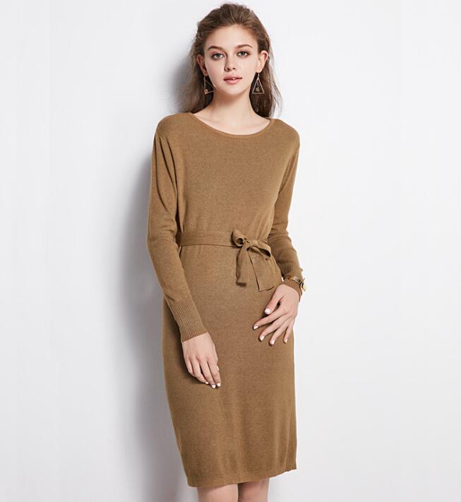 Bateau Neck Long Cuffed Sleeves Above Knee Sweater Dress Featuring Bow Accent Belt 