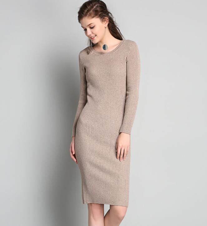 Knitted Crew Neck Long Sleeves Knee Length Sweater Dress on Luulla