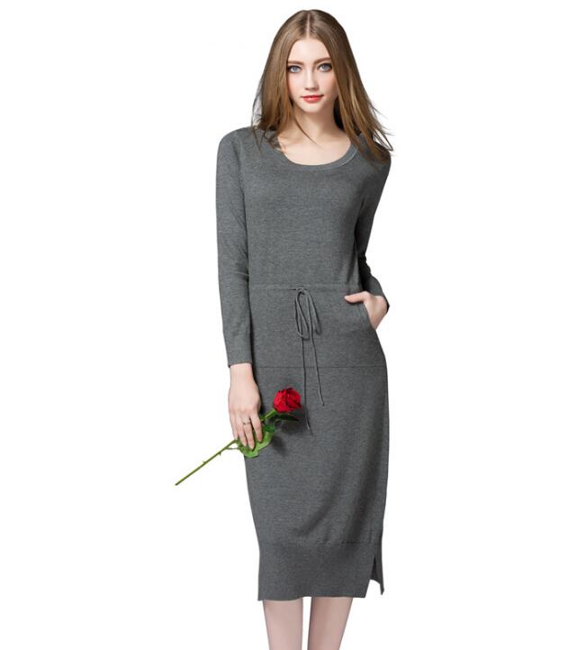 Warm Knit Women Sweater Dress Solid Autumn Winter Loose Pockets Dress - Dark Grey
