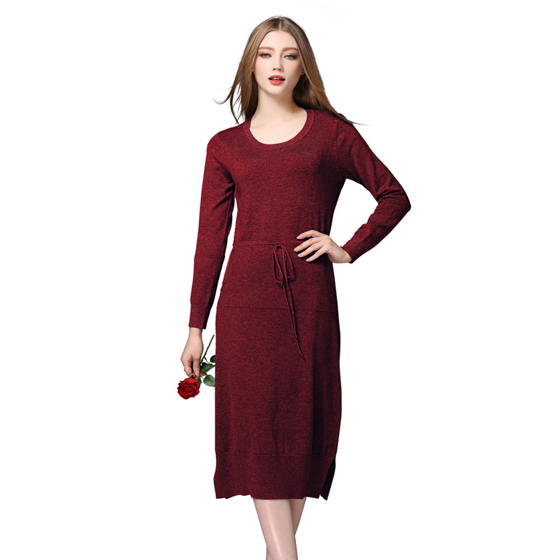 Warm Knit Women Sweater Dress Solid Autumn Winter Loose Pockets Dress - Wine Red