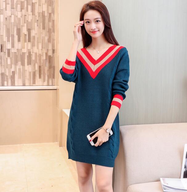 V Neck Knitted Pullover Long Sweater