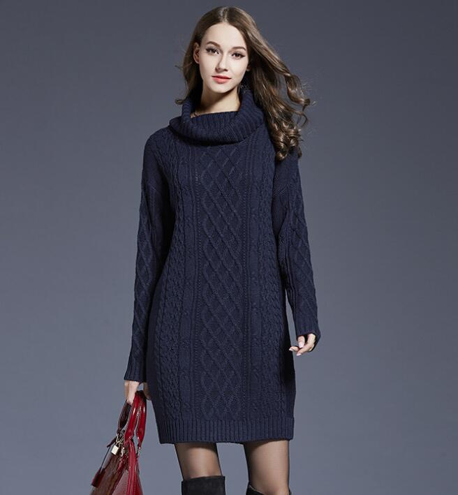 Navy Blue Cable Knitted Turtleneck Long Cuffed Sleeves Short Sweater Dress