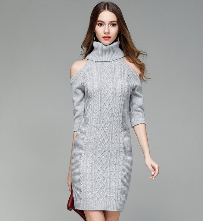 Women Autumn Winter Off Shoulder Sweater Knitwear Sexy Slim Dress - Grey