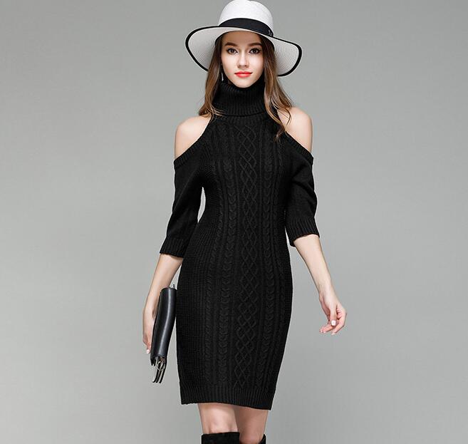 Black Knitted Turtleneck Cold-shoulder Half Sleeves Short Sweater Dress
