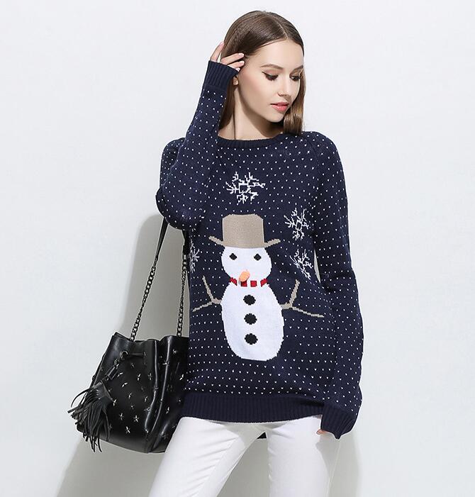 Cute Snowman Christmas Knitted Sweater - Navy Blue