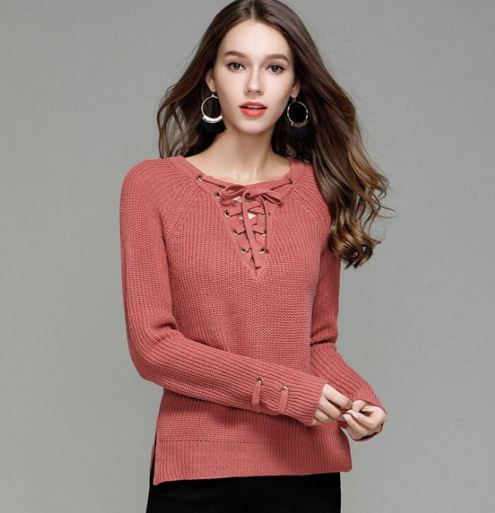 Knit Lace-up Plunge V Long Sleeves Sweater In Watermelon Red