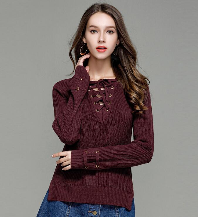 Burgundy Knitted Lace-up Plunge V Sweater Featuring Long Sleeves And Slits