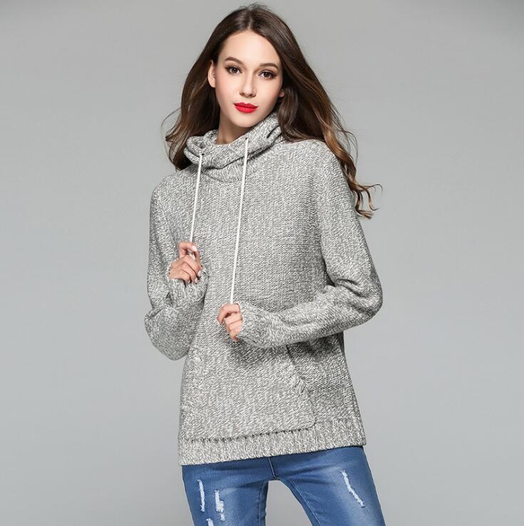 Knitted Hooded Long Cuffed Sleeves Sweater