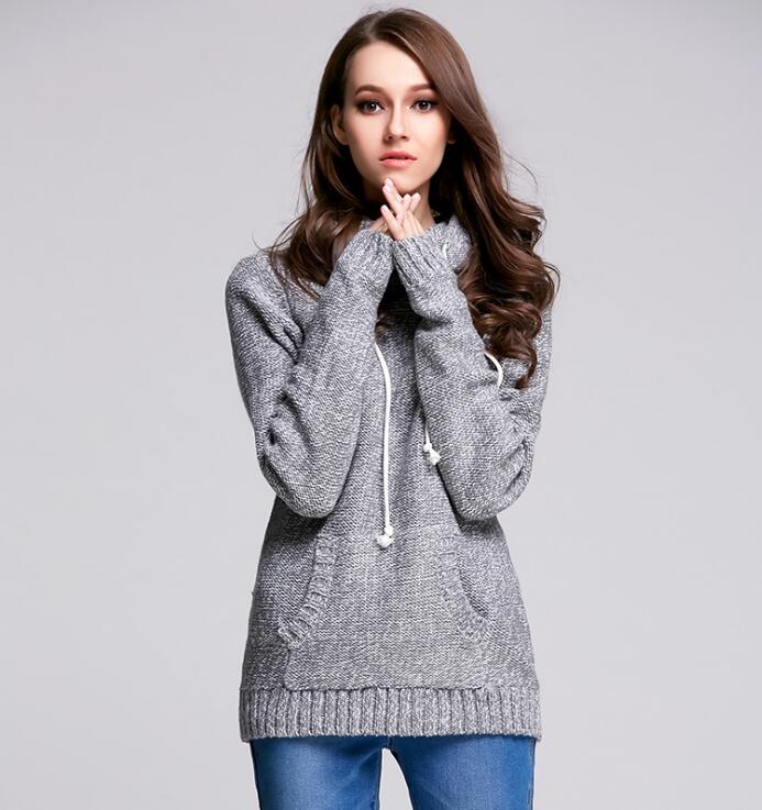Knit Long Sleeve Hooded Sweater - Grey