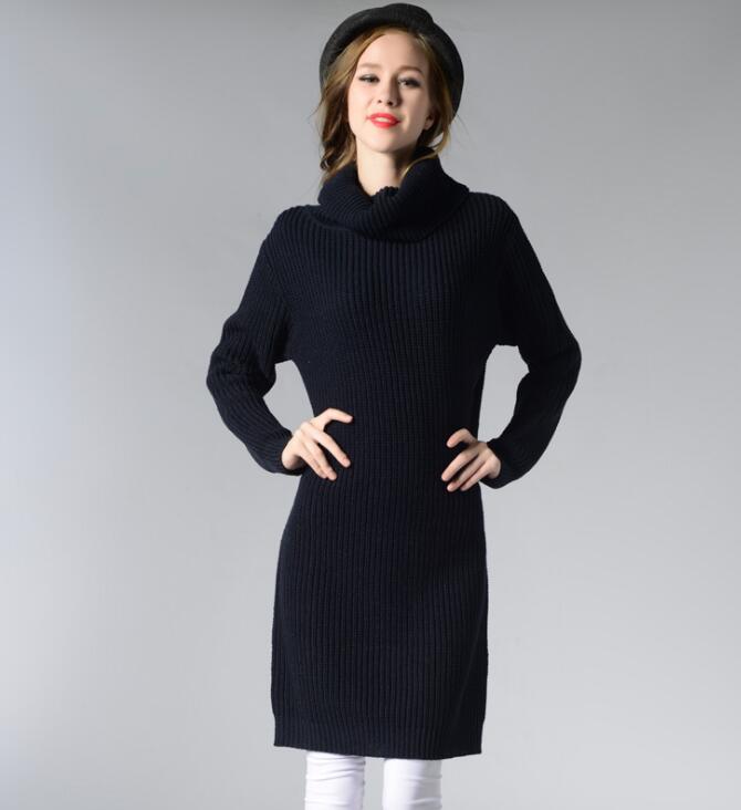Black Knitted Turtleneck Long Sleeves Knee Length Sweater Dress