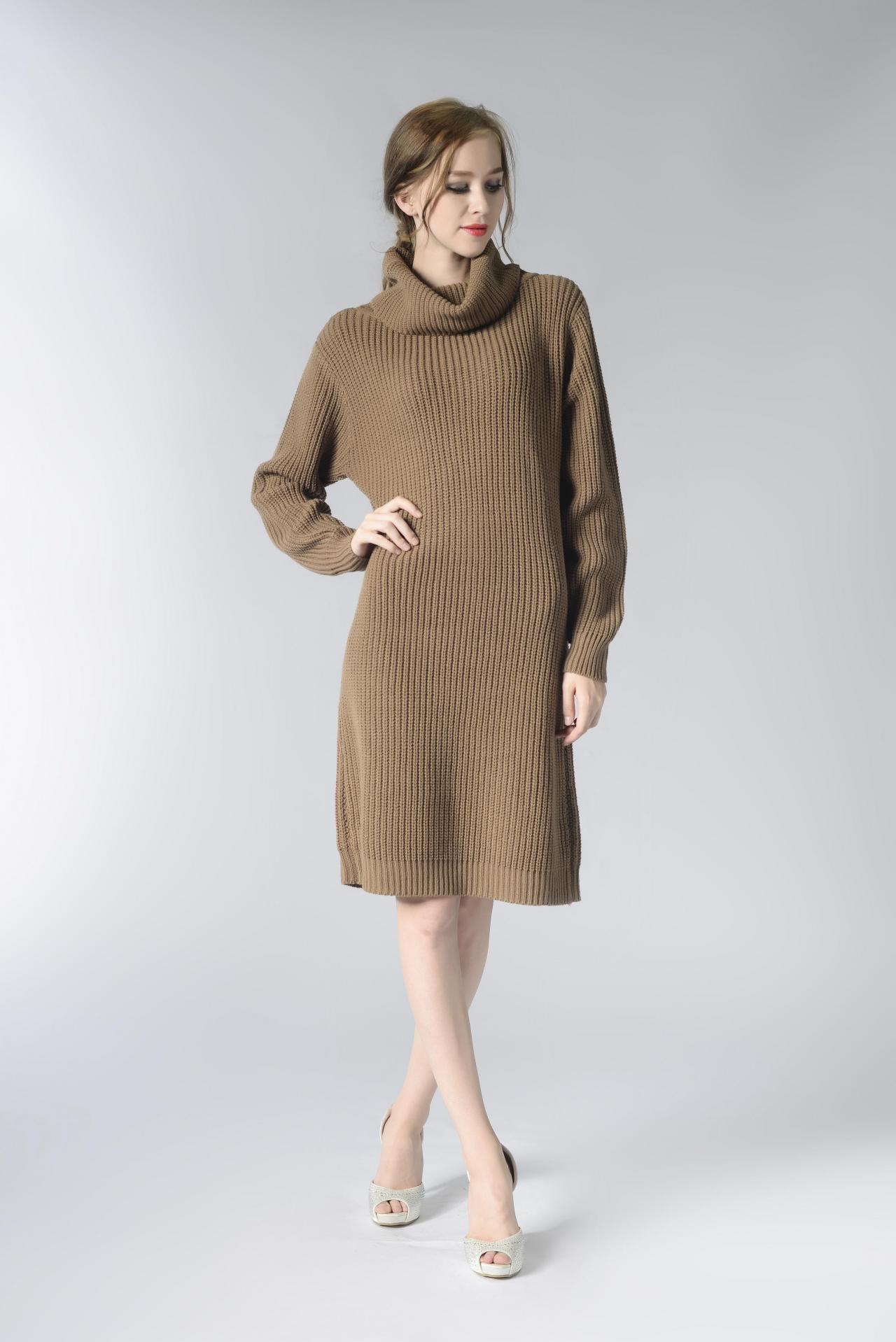 Knitted Turtleneck Long Sleeves Knee Length Sweater Dress In Khak