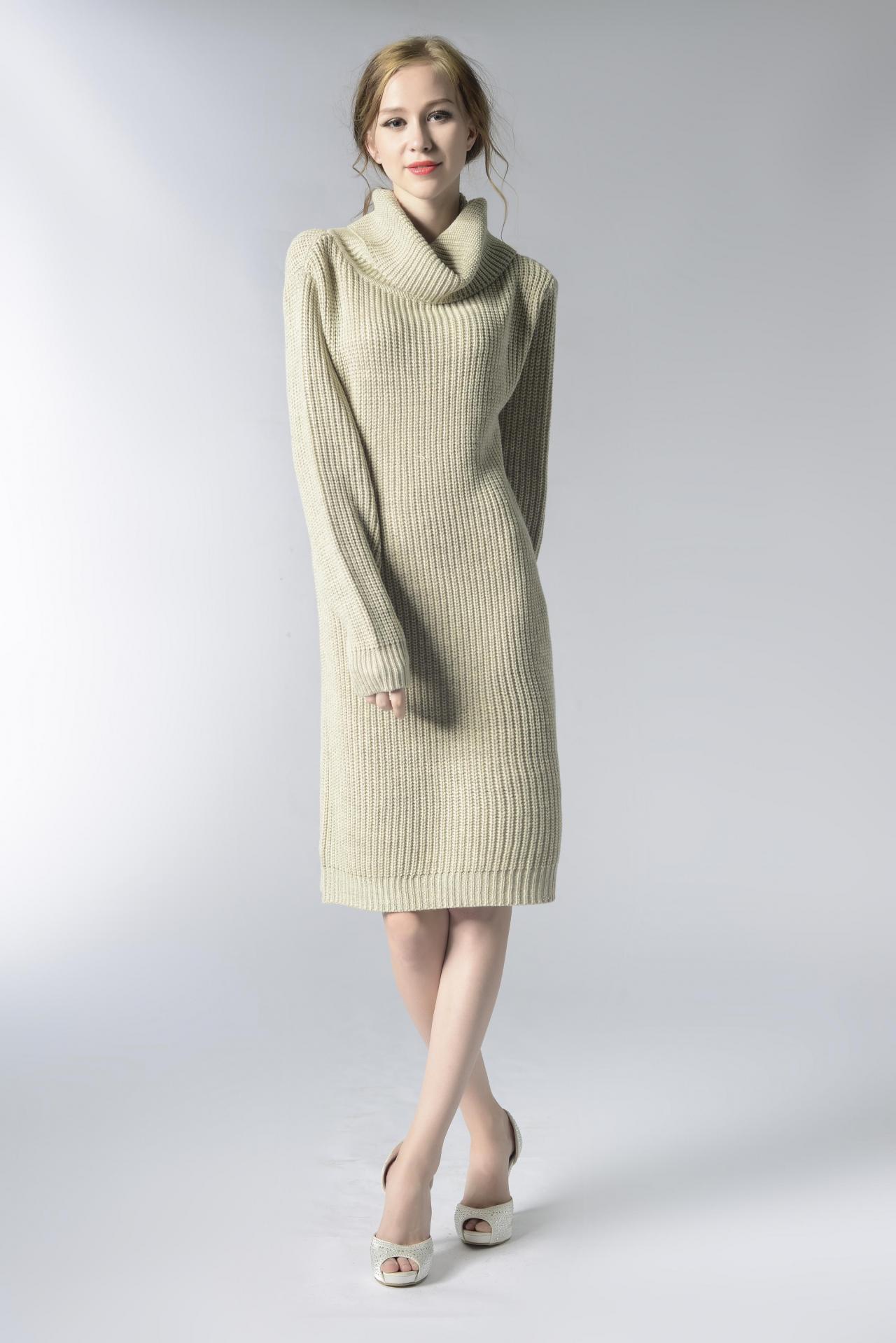 Knitted Turtleneck Long Sleeves Knee Length Sweater Dress