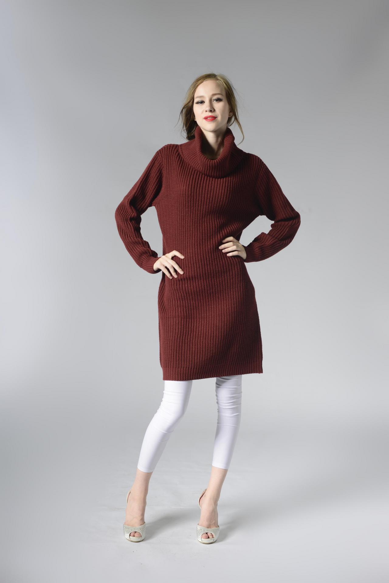 Burgundy Knitted Turtleneck Long Cuffed Sleeves Knee Length Sweater Dress