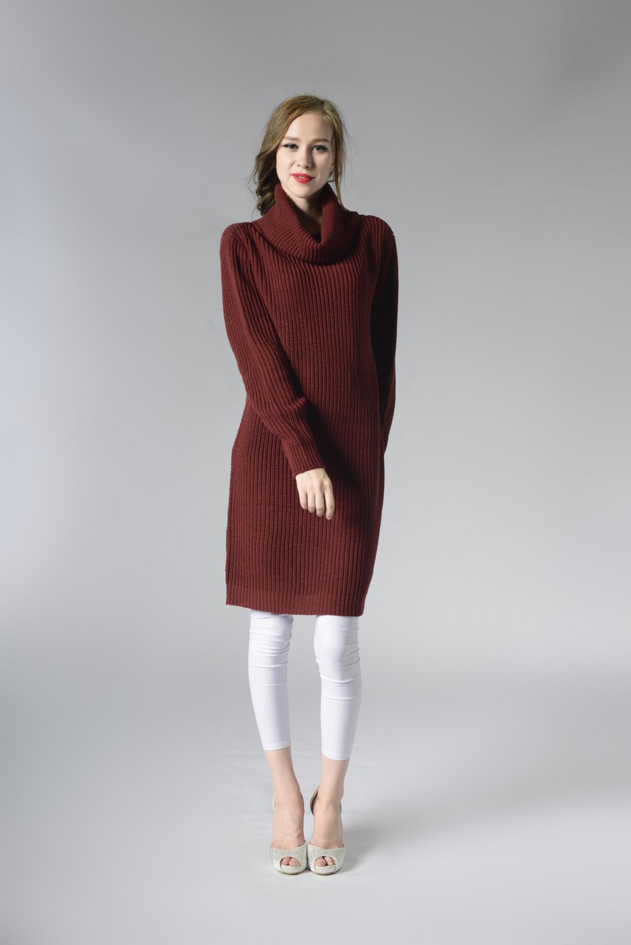 burgundy turtleneck sweater dress Turtleneck Sweater Dress - Belted main image 1