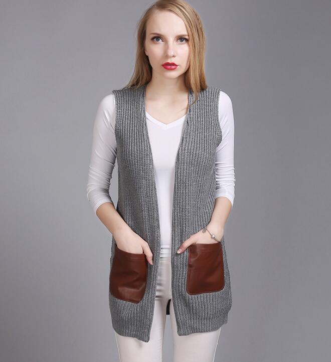 Fashion Leather Pocket Sleeveless Knit Vest Cardigan - Grey
