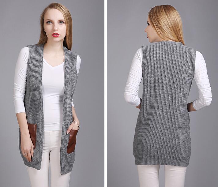 Fashion Leather Pocket Sleeveless Knit Vest Cardigan Grey on Luulla