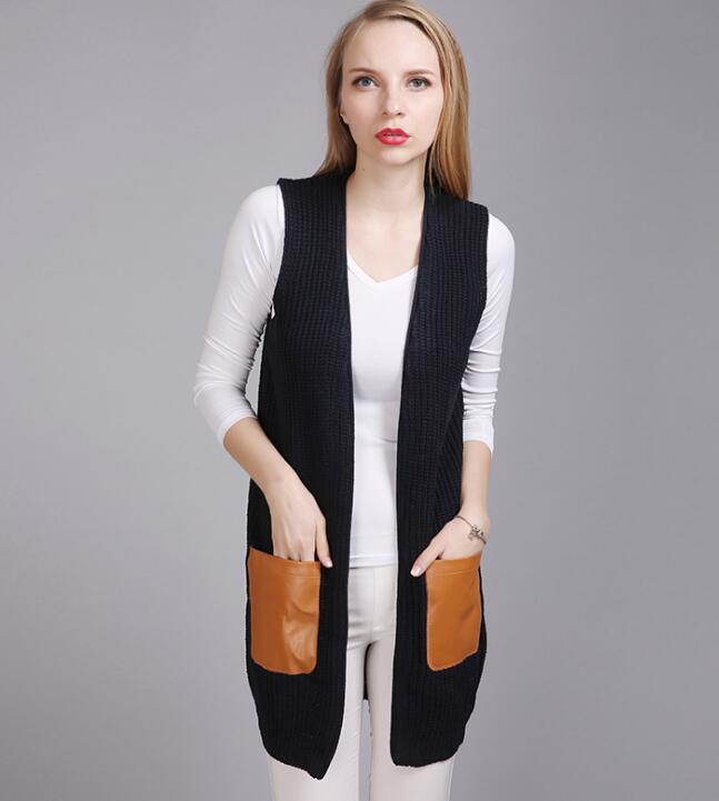 Fashion Leather Pocket Sleeveless Knit Vest Cardigan - Black