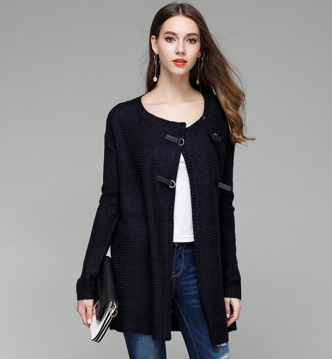 Fashion Solid Knit Cardigan Sweater Coat - Navy Blue