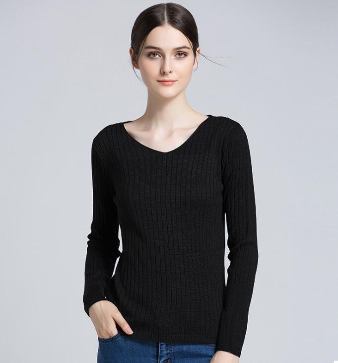 Black Ribbed Knit Plunge V Long Sleeves Sweater 