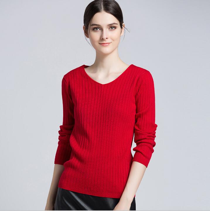 Red Ribbed Knit Plunge V Long Sleeves Sweater 