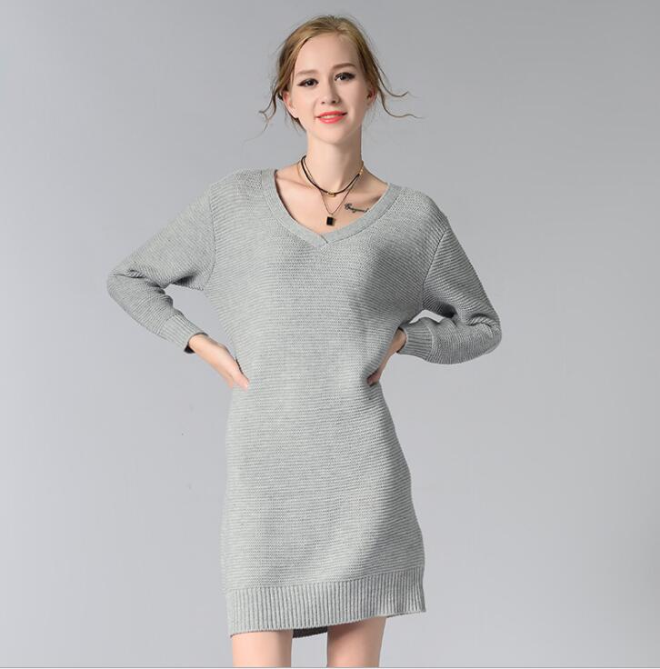 Grey Knitted Plunge V Long Cuffed Sleeves Short Sweater Dress on Luulla