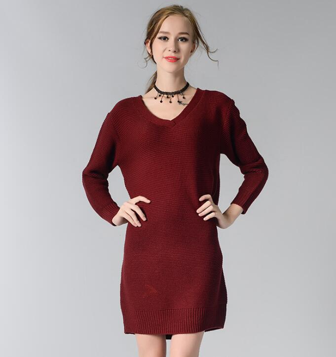 Burgundy Knitted Plunge V Long Cuffed Sleeves Short Shift Sweater Dress