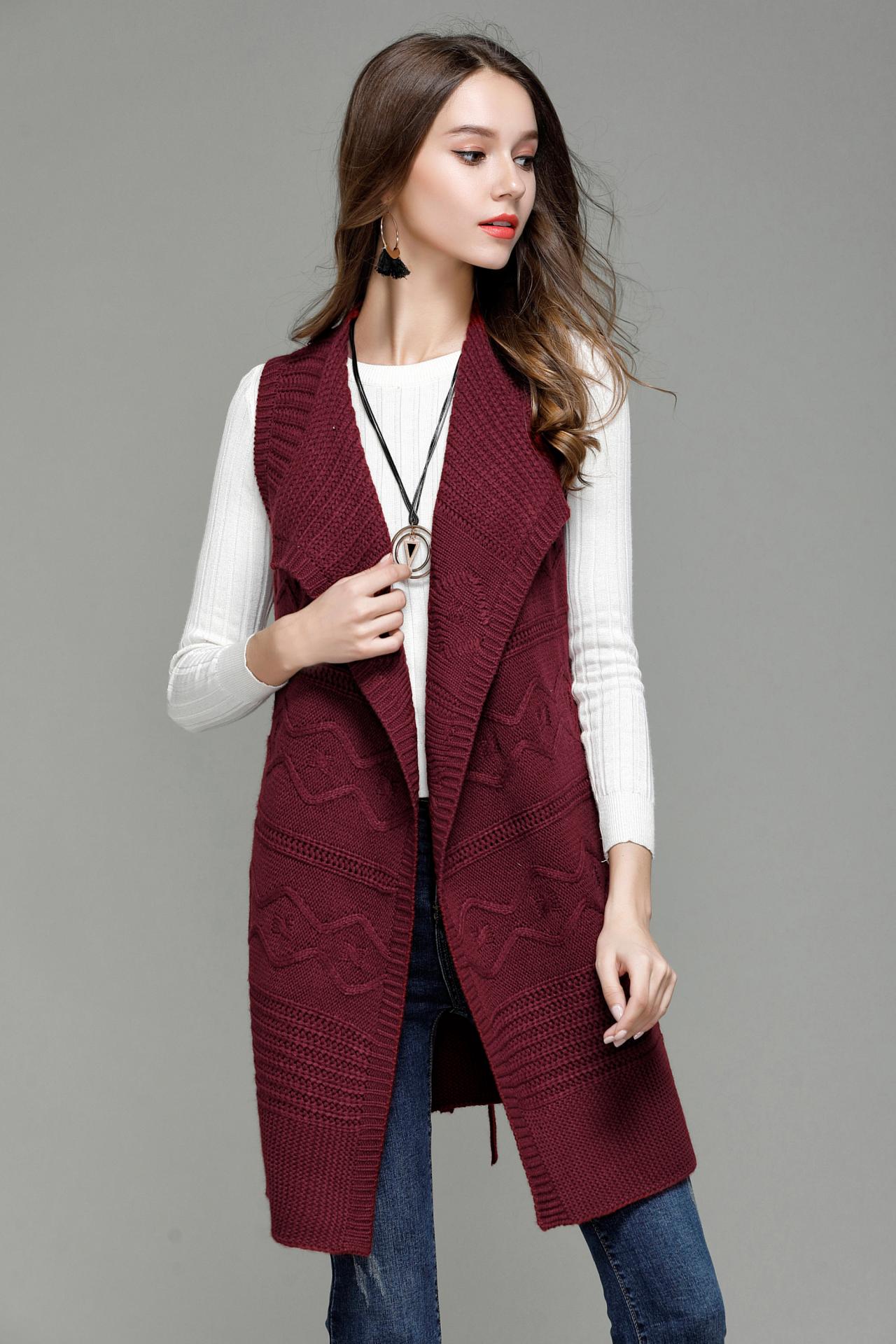 Fashion Long Knit Vest Cardigan - Wine Red