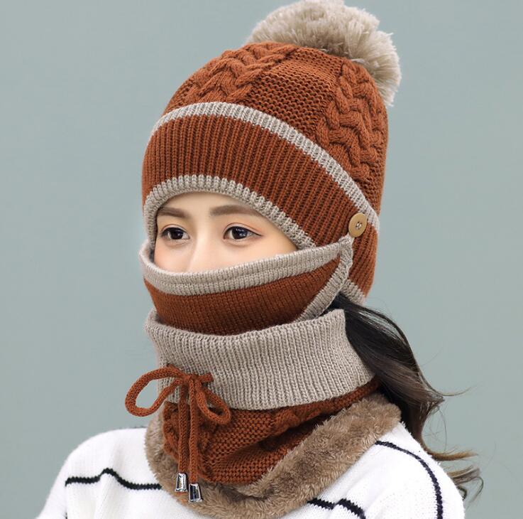 Fashion Winter Hedging Cap Scarf Suit Knit Hats - Coffee