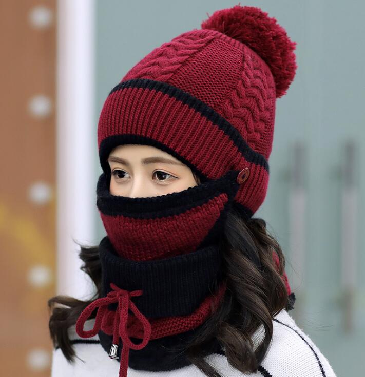Fashion Winter Hedging Cap Scarf Suit Knit Hats - Wine Red