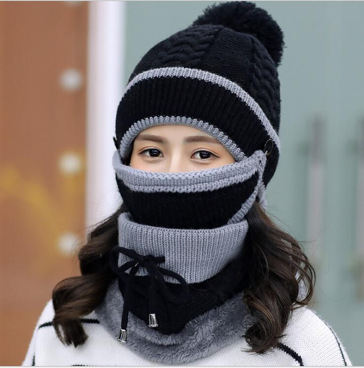 Fashion Winter Hedging Cap Scarf Suit Knit Hats - Black