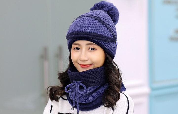 Fashion Winter Hedging Cap Scarf Suit Knit Hats - Blue