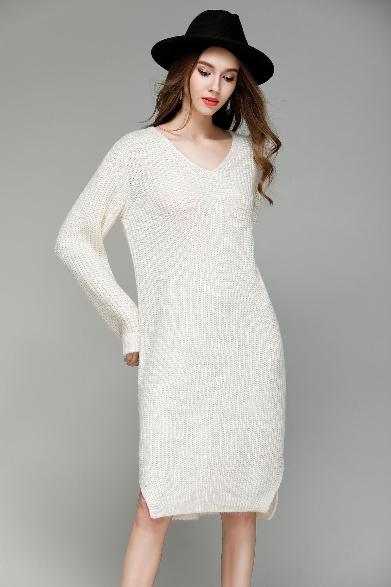 Long V Collar Loose Big Size Knitted Sweater Dress - White