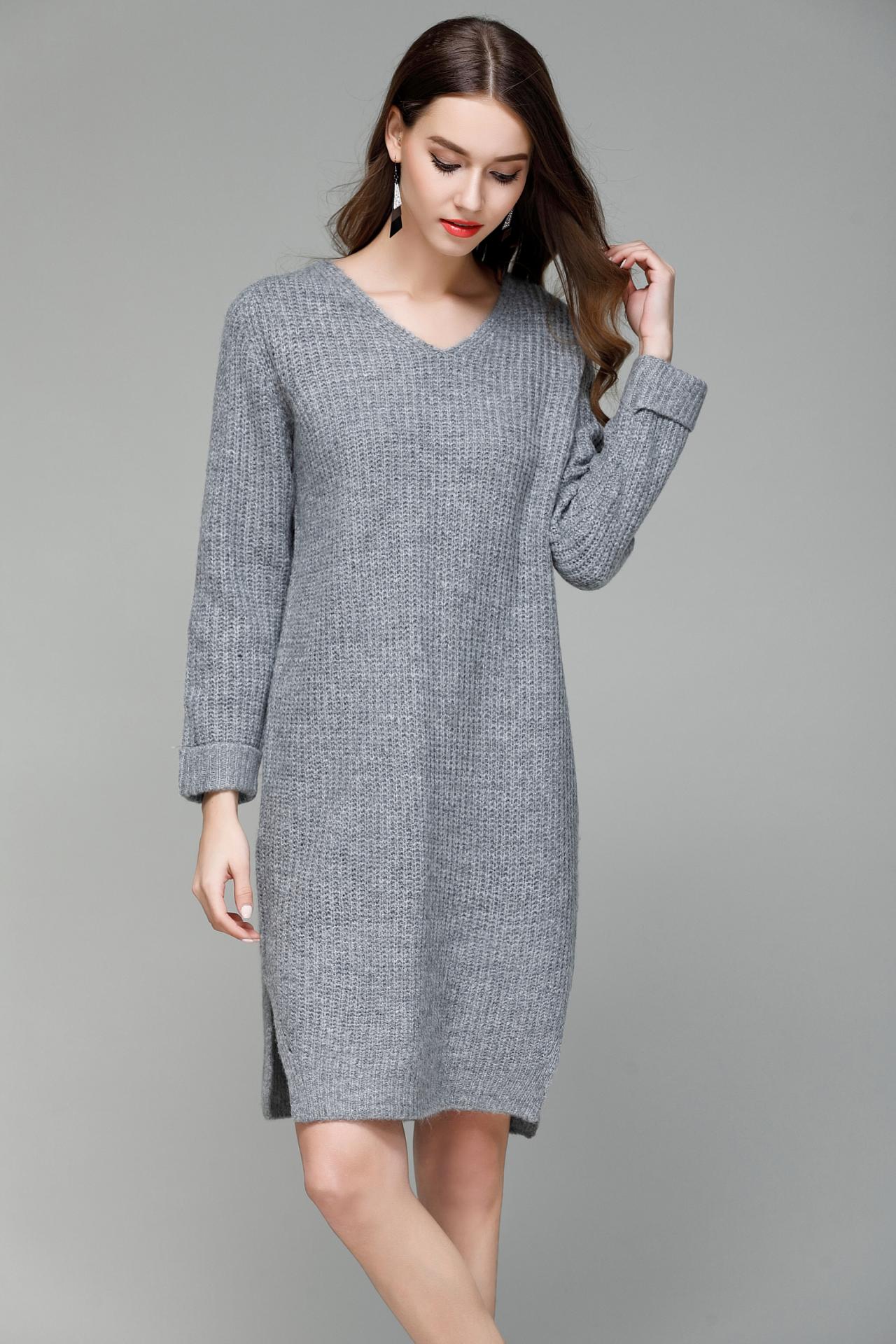 Long V Collar Loose Big Size Knitted Sweater Dress - Grey