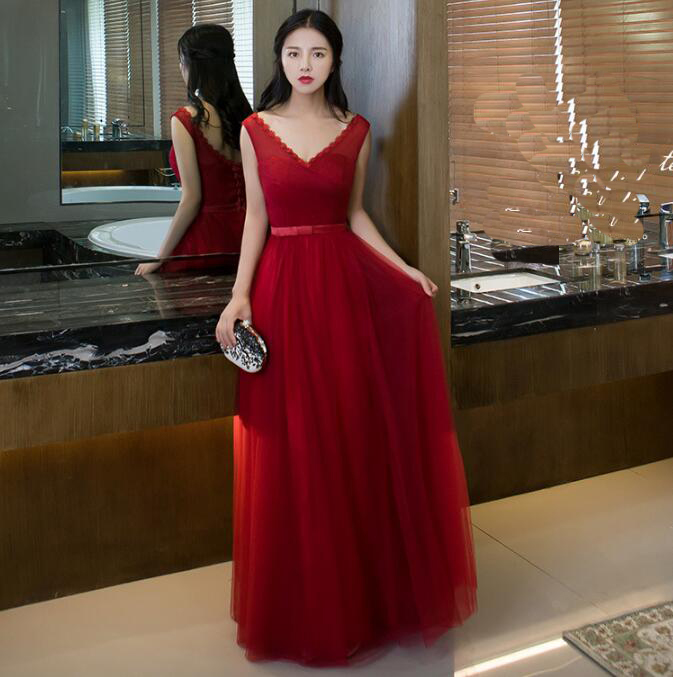 Elegant V Neck Red Color Women Long Bridesmaid Dress