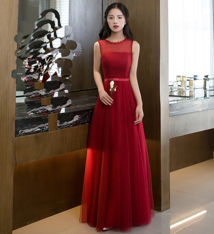 Elegant Sleeveless Red Color Women Long Bridesmaid Dress