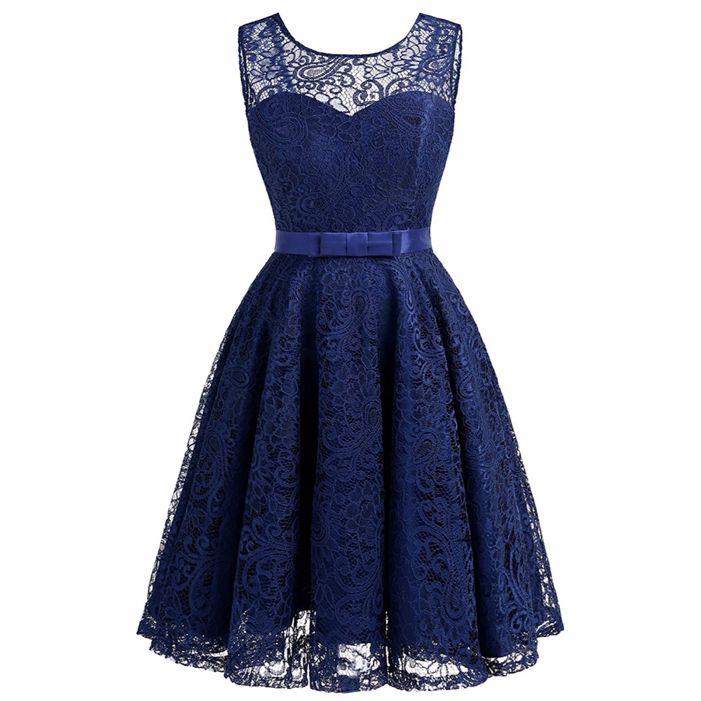 Women Sleeveless Lace Party Dress A-line Dress - Dark Blue