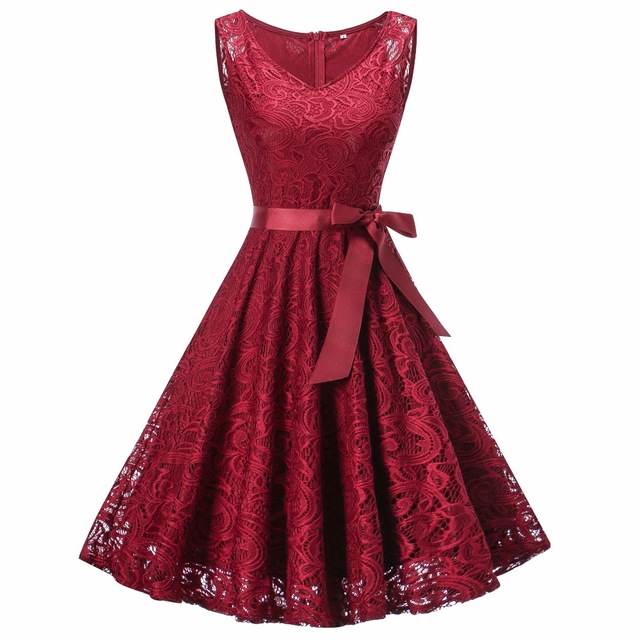 Women V Neck Sleeveless Lace Party A Line Dress - Wine Red