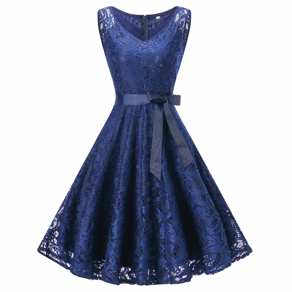 Women V Neck Sleeveless Lace Party A Line Dress - Dark Blue on Luulla