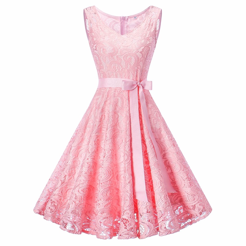 Women V Neck Sleeveless Lace Party A Line Dress - Pink on Luulla