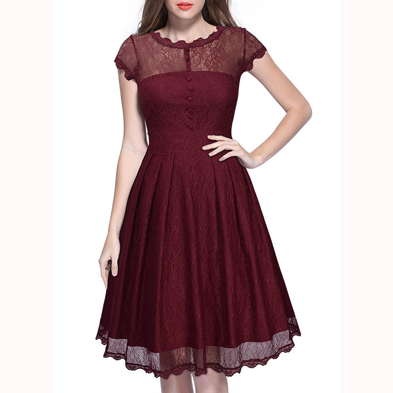 Women's Retro Short Sleeve Lace Slim Party Dress - Wine Red